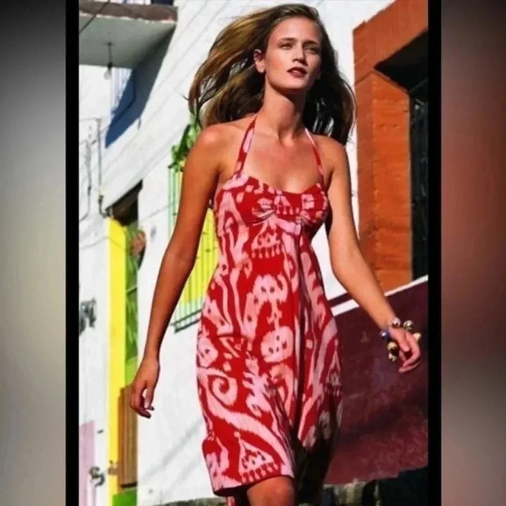 Anthropologie | Maeve | Red & Salmon Bohemian Coastal Ikat Halter Dress Size 0